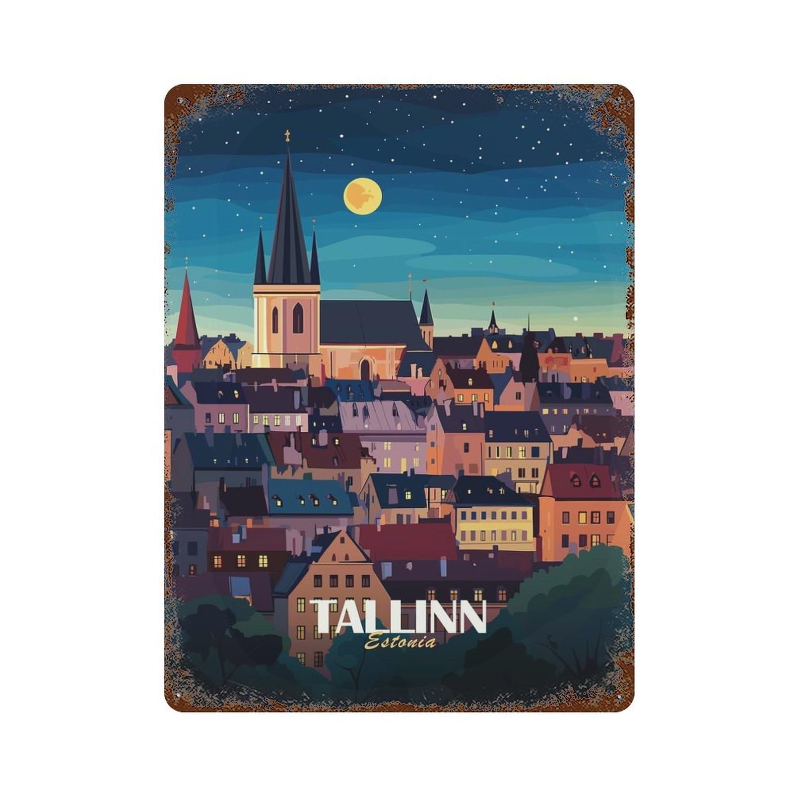 Tallinn, Estonia Cityscape at Night 15.7"x11.8" Aged Metal Wall Plaque, Novelty Wall Decor for Garage, Bar And Workshop Decor