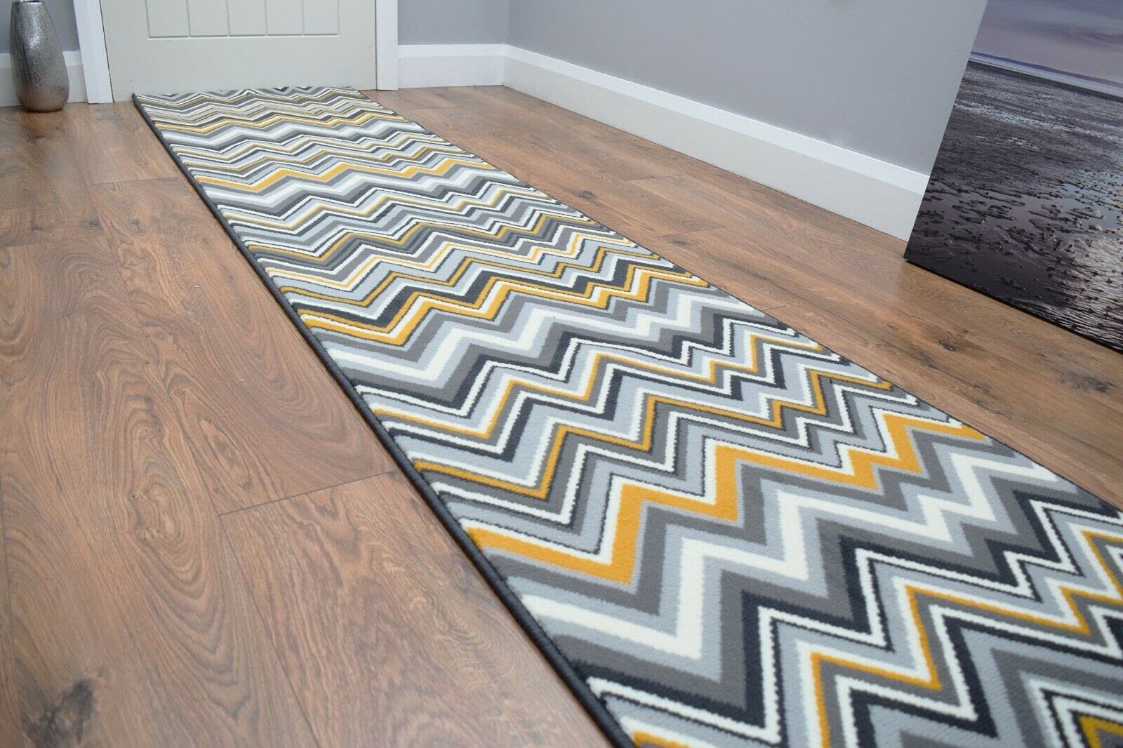 SrS Rugs® Luna Collection, Modern Long Carpet Runner Rug for Entrance Hall and Stairs. Smooth Soft 8mm Depth Pile. 70cm Wide. Any length (Chevron Grey Gold, Length: 9' (274cm)) — image 1