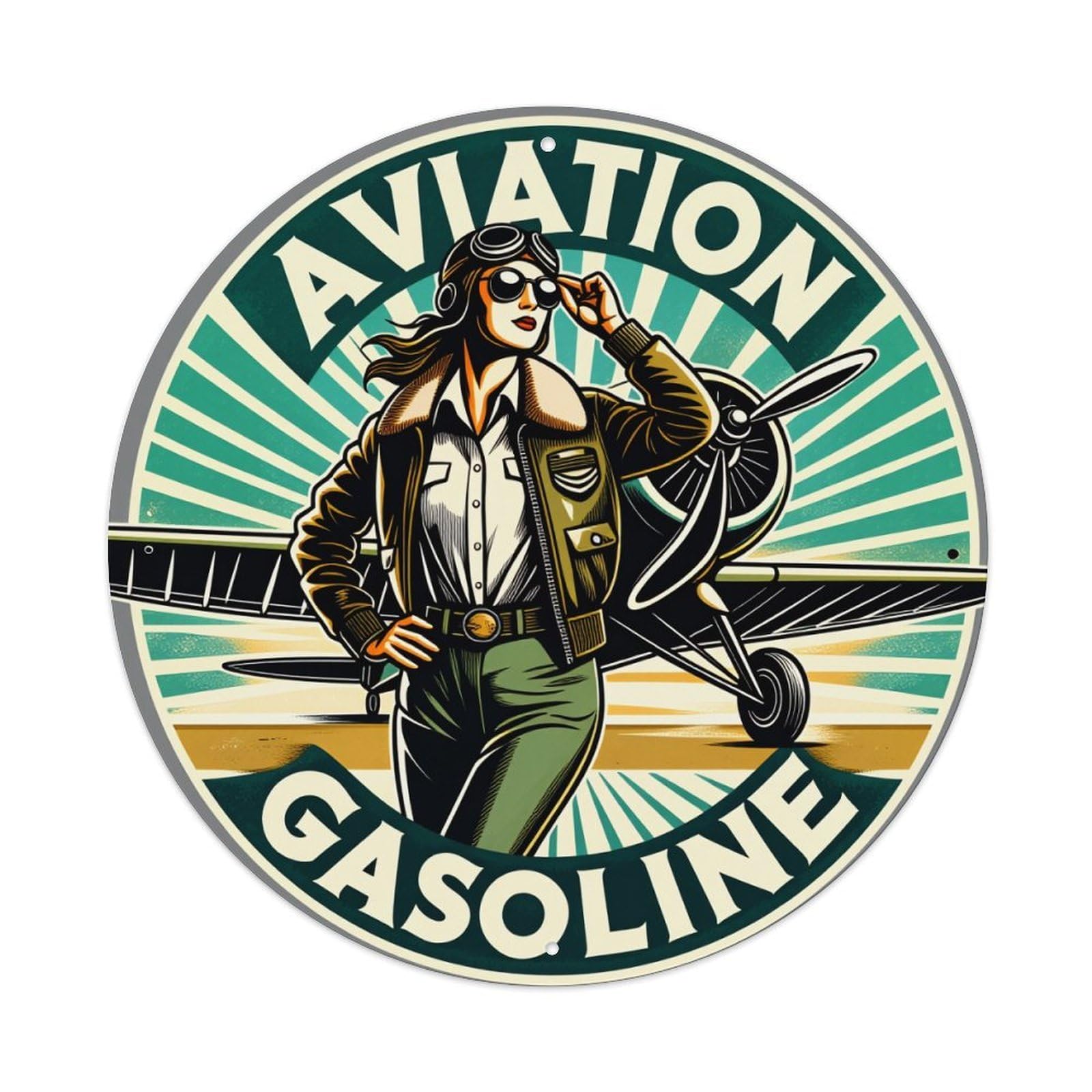 Aviation Gasoline Pilot Propeller Plane Round Tin Sign Vintage Style Metal Sign Home Bar Garden Wall Plaque Decor Metal Poster 8x8 Inch