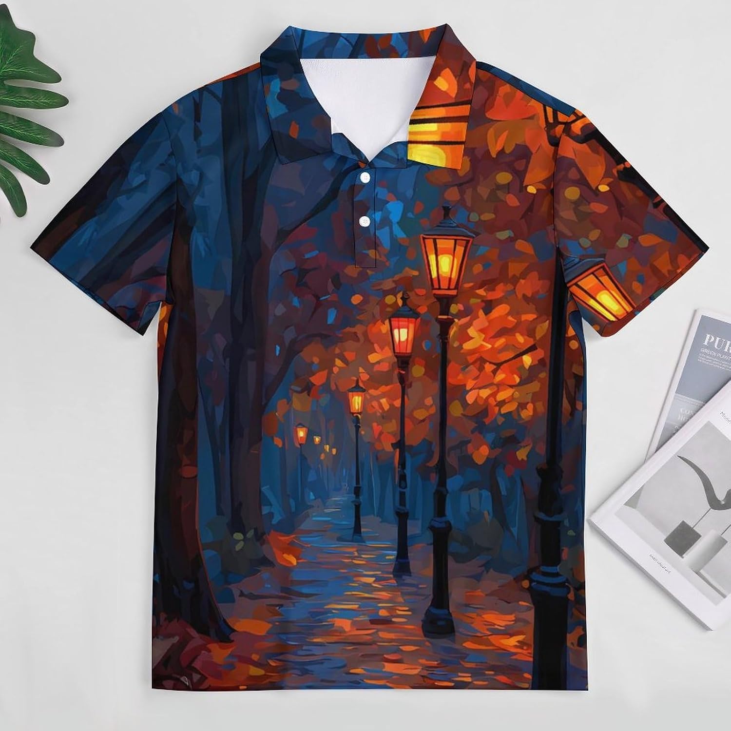 Autumn Path with Streetlights Golf Polo Shirts for Men Casual T Shirts 5X-Large