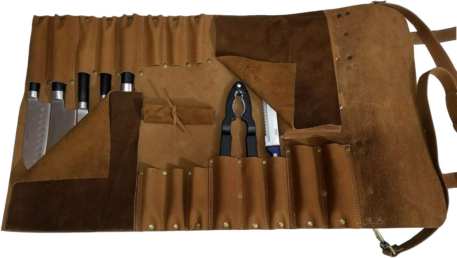 PROFESSIONAL CHEF Lightweight Genuine Premium Black Leather Large Chef Knife Bag/Knife Roll 16 Slots Space #K015