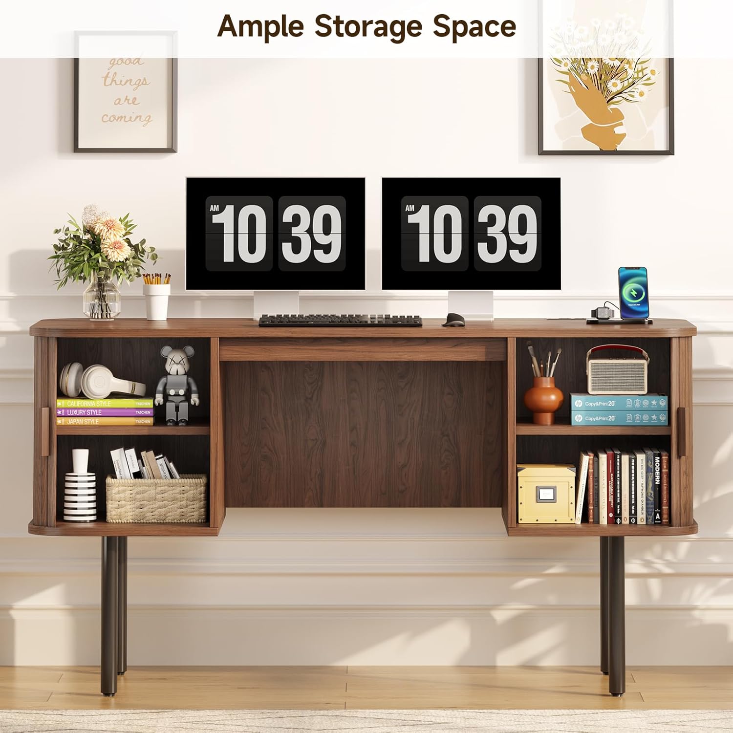 ONBRILL 55 Inch Fluted Computer Desk with Charging Station, Mid Century Executive Desk with 2 Storage Cabinets, Modern Home Office Large Desk with Metal Legs for Working, Studying, Writing, Walnut