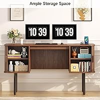 Vista 4 de ONBRILL 55 Inch Fluted Computer Desk with Charging Station, Mid Century Executive Desk with 2 Storage Cabinets, Modern Home Office Large Desk with