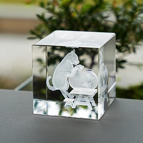 Miniatura 5 de HDCRYSTALGIFTS Cubo de cristal de 2 pulgadas de pisapapapeles de animales, grabado láser 3D, estatua de gato, figuras de vidrio para decoración del
