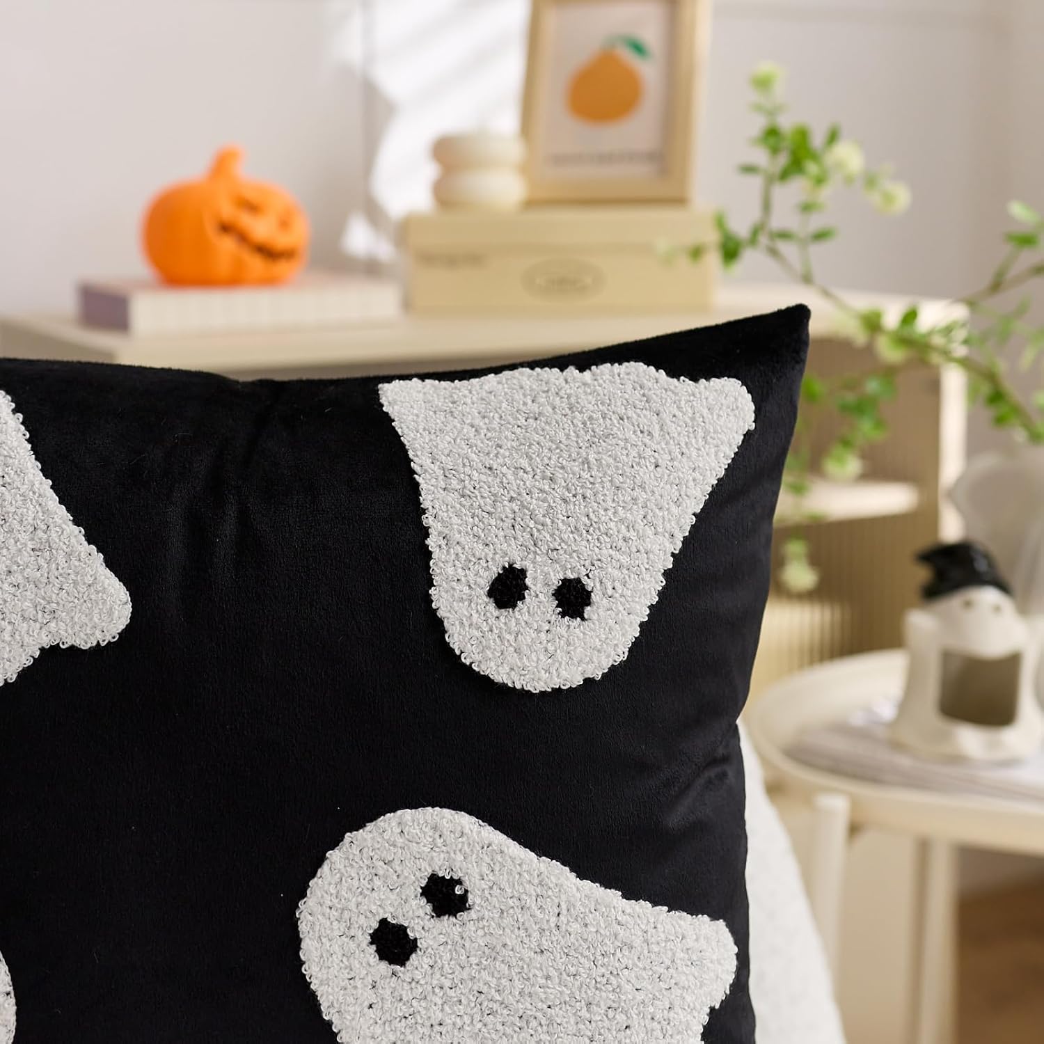 Halloween Pillow Covers 20x20 Inch Set of 2 Embroidery Ghost Throw Pillow Covers Indoor Outdoor Decorative Cushion Cases for Sofa Couch Bed Living Room Halloween Decoration Black