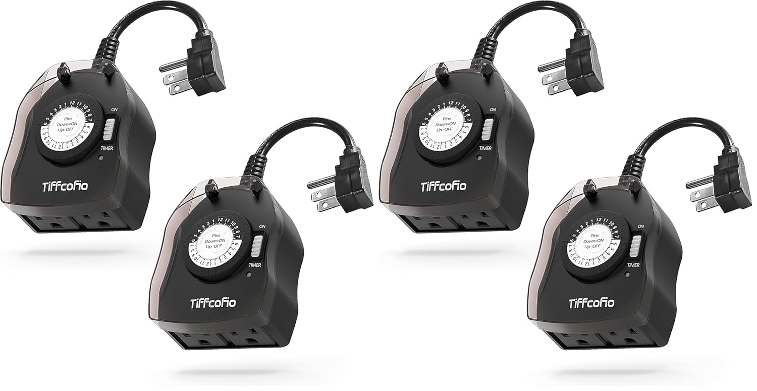 TiFFCOFiO Outdoor Timer Outlet for Lights, 24 Hour Mechanical, Outdoor Light Timer Waterproof, 2 Grounded Outlets for Home and Garden, 15A 1/2HP, Heavy Duty, CSA Listed (4 Pack)
