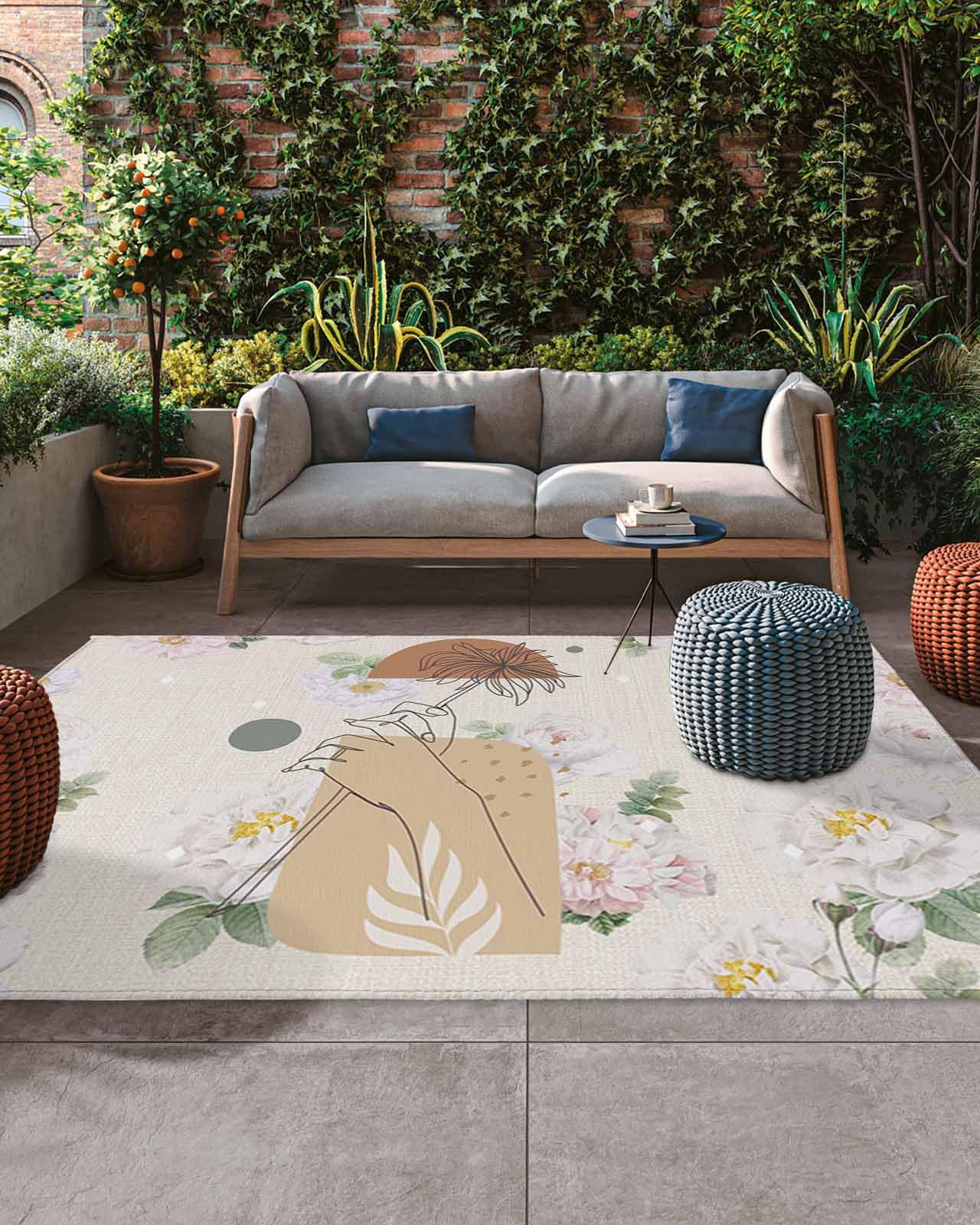 Large Outdoor Rug 5'x8' for Patio Indoor Outdoor Area Rug Boho Hand Flowers Leaves Burlap Rugs Outside Patio Rugs Camping Carpet Mat for Spring Picnic