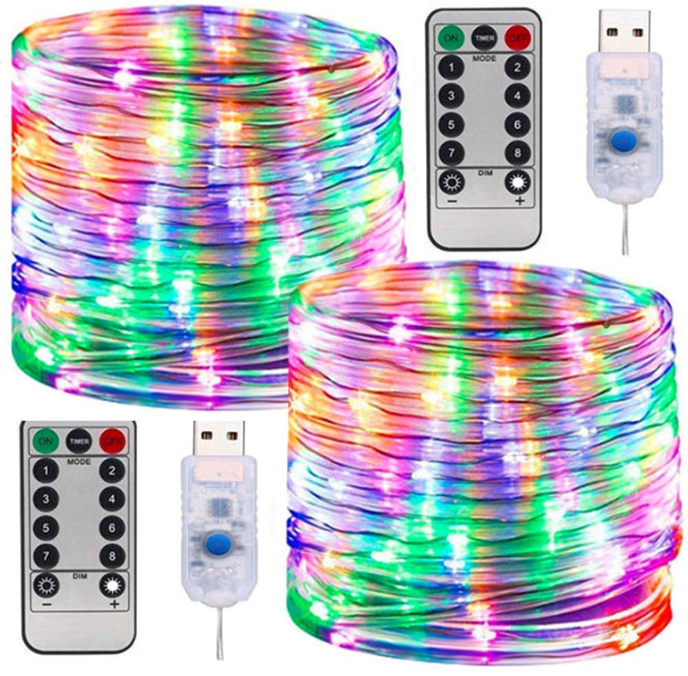 Lot de 2 cordes lumineuses LED 10 m 100 LED alimentées par USB 8 modes pour jardin, terrasse, Noël (blanc), multicolore