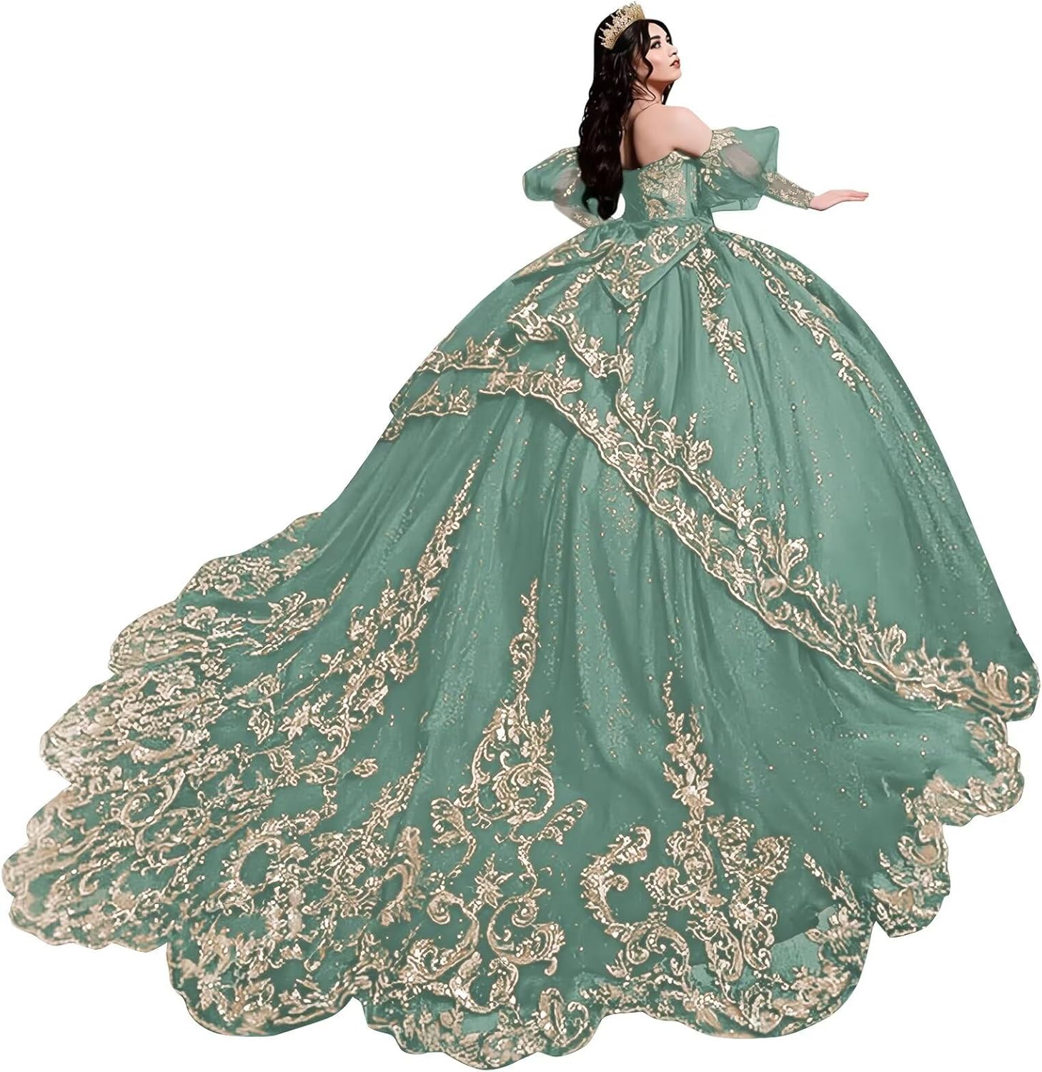 Zhangyo Puffy Sleeve Quinceanera Dresses Sparkly Tulle Sweet 15 16 Dresses with Bow Gorgeous Gold Applique Ball Gown