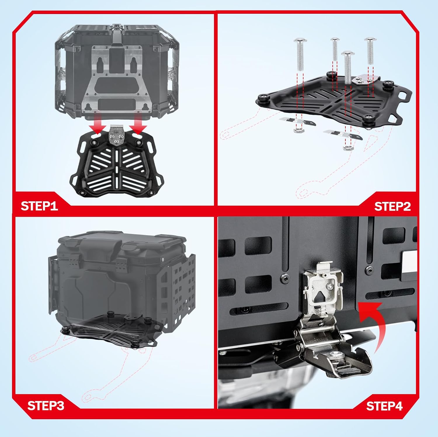 Motorcycle Top Case Universal Aluminum Motorbike Tail Box with Leather Lining 45L Waterproof Detachable Trunk Tour Pack w/Lock, Titanium w/Orange