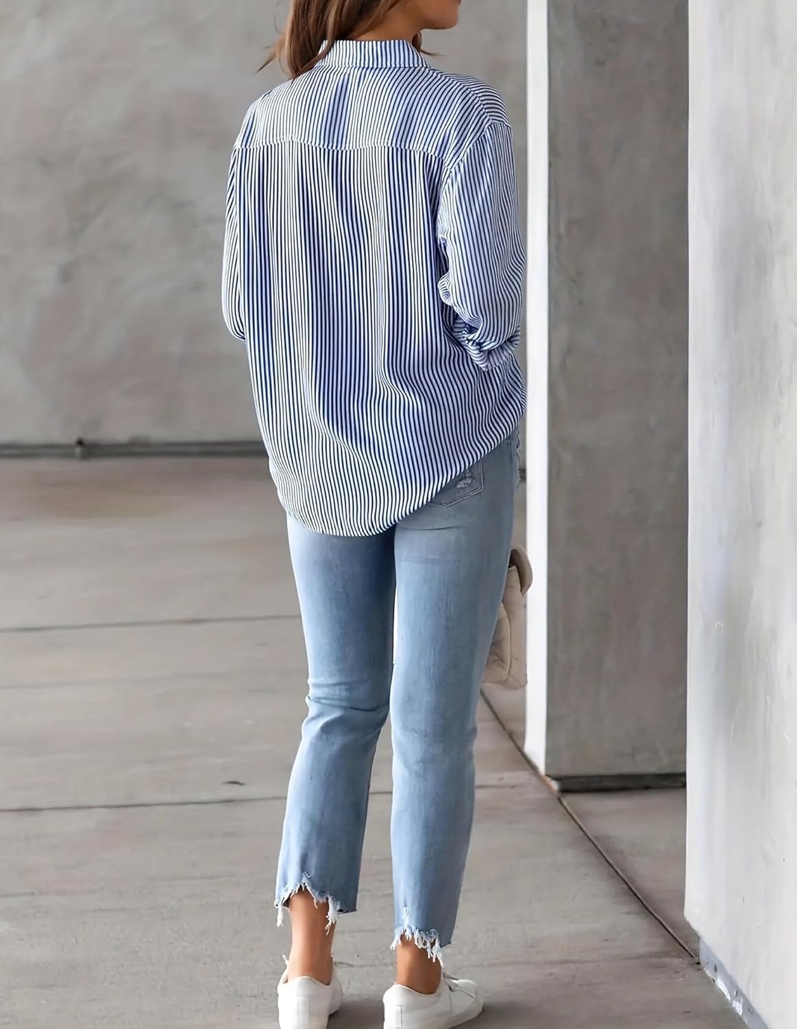 KARRESLY Women Button Down Shirts Striped Long Sleeve Business Casual Blouse Top Collared Lightweight Dress Shirt with Pocket - Image 3