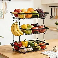 Fruteira de Mesa 3 Andares com Alça, Organizador de Frutas e Alimentos Empilhável, Cesta Aramada Preta para Cozinha e Sala