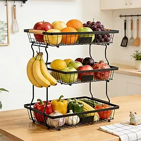 Fruteira de Mesa 3 Andares com Alça, Organizador de Frutas e Alimentos Empilhável, Cesta Aramada Preta para Cozinha e Sala