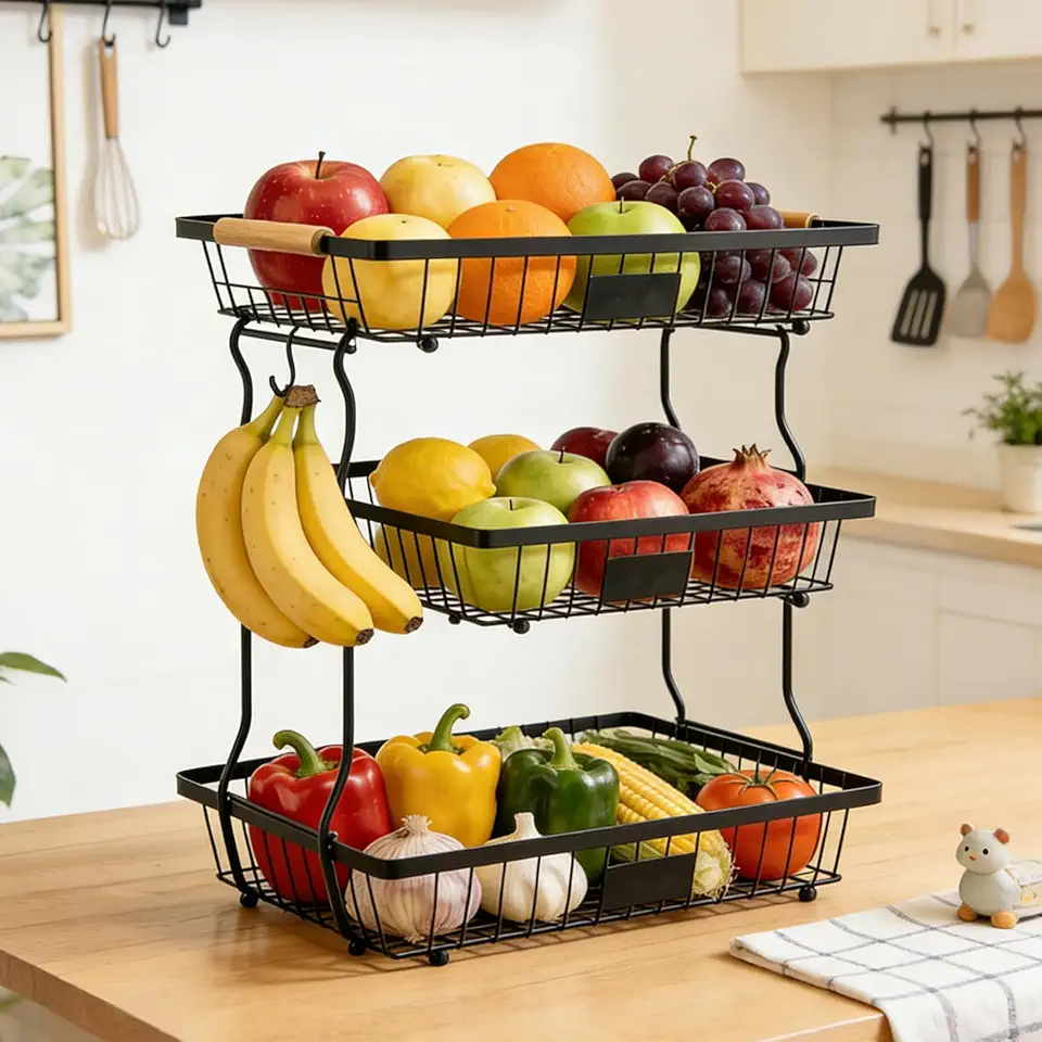 Fruteira de Mesa 3 Andares com Alça, Organizador de Frutas e Alimentos Empilhável, Cesta Aramada Preta para Cozinha e Sala