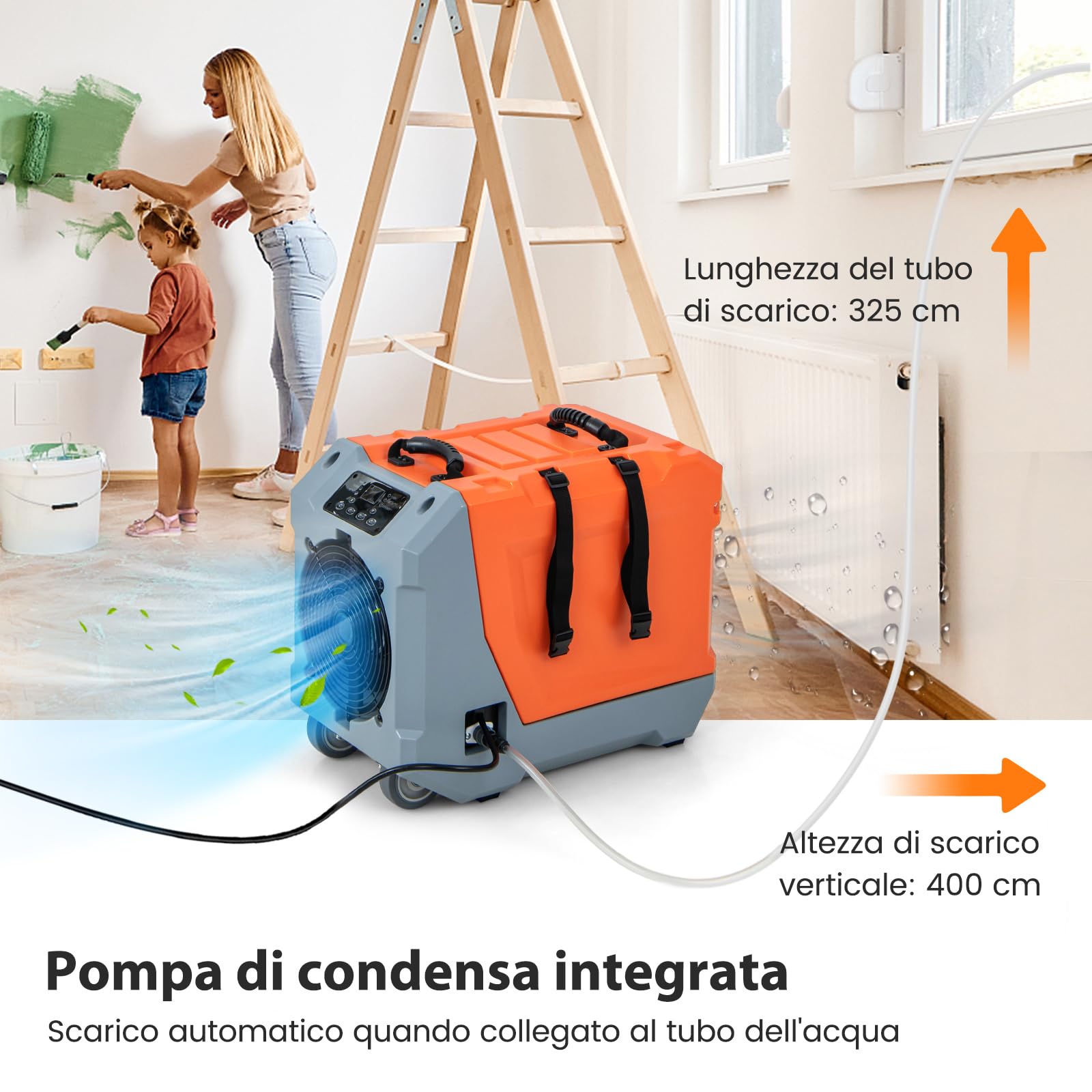 COSTWAY Deumidificatore Commerciale 85 L/Giorno, Deumidificatore con Pompa e Tubo di Scarico, Sbrinamento Automatico, 2 Ruote e Maniglia Pieghevole, Timer 24H, per Cantina Magazzino (Arancione)