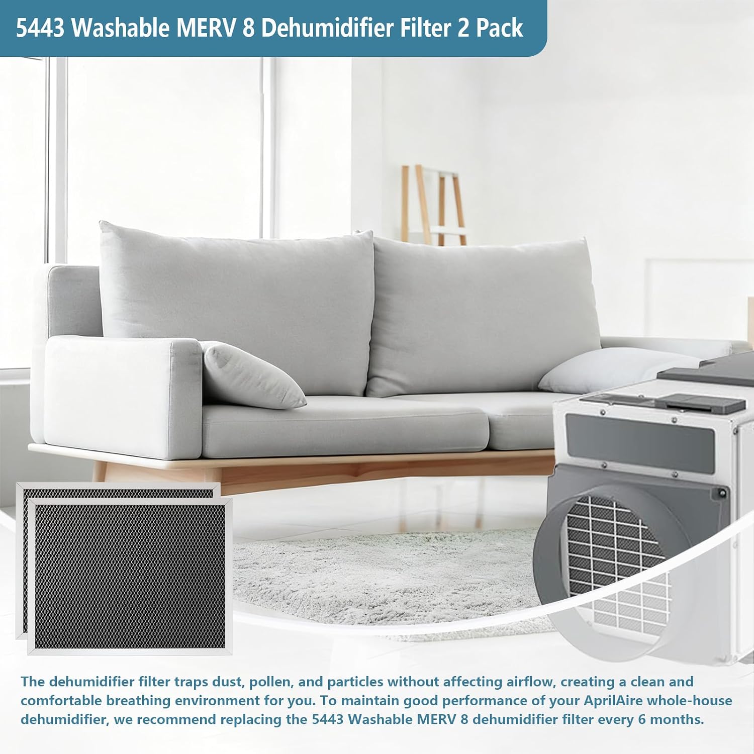 5443 Washable MERV 8 Dehumidifier Filter Compatible with AprilAire Whole-House Dehumidifier Models 1830 1850 1852 and Ventilation Models 8191 8192 10x12x1 inch Replacement Filter 2 Pack