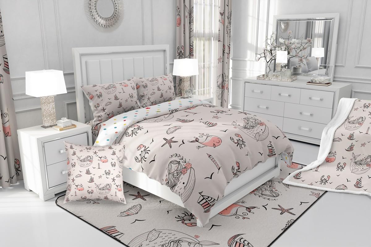 Erosebridal Mermaid Toddler Bedding Set King, 7 Piece Ocean Theme Whale Toddler Comforter with Flat Sheet and Fitted Sheet Marine Underwater Animal Bedding Set with Pillowcases & Throw Pillow Covers