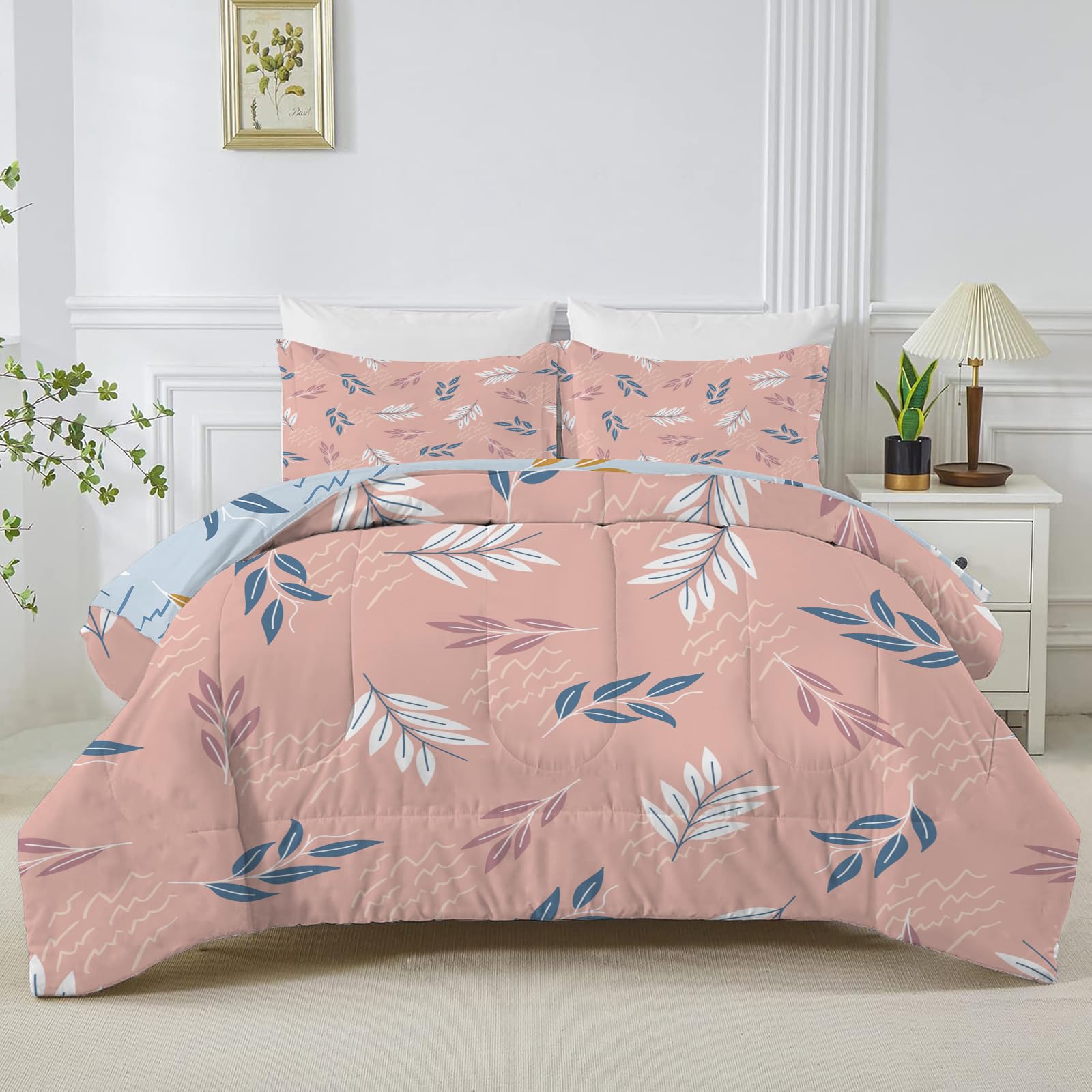 Rouge Pink Leaf Super King Duvet, Reversible Coverless Blue Leaves Printed Duvet Super King Size, Anti Allergy Bed Quilt 7.5 Tog for All Seasons - 1 Soft Comforter Bedding with 2 Pillowcases - B27