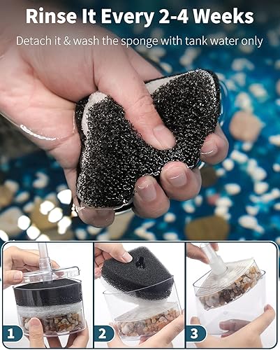 Miniatura 7 de Pawfly Filtro de esponja de esquina para acuario, filtro silencioso de espuma biológica de peces pequeños con piedras naturales, gravas y anillos de