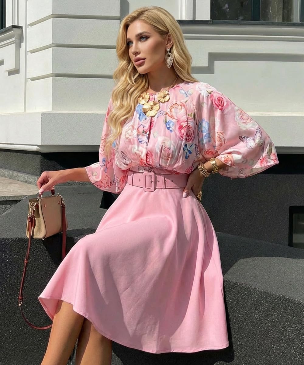 CHICME Women's Summer 2 Piece Outfits Bell Sleeves Floral Crop Top and A Line Midi Skirt Set Dressy Casual Outfits