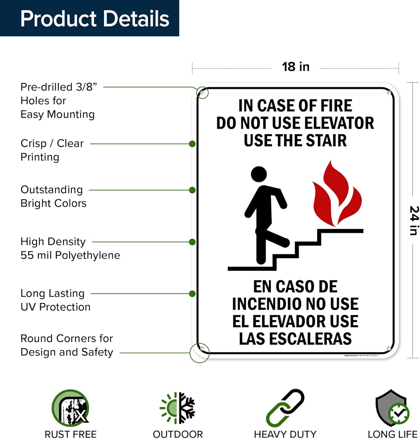 in Case of Fire Do No Use Elevator Use Stair Sign, 18"x24" Polyethylene, Indoor/Outdoor Use, USA MADE By My Sign Center