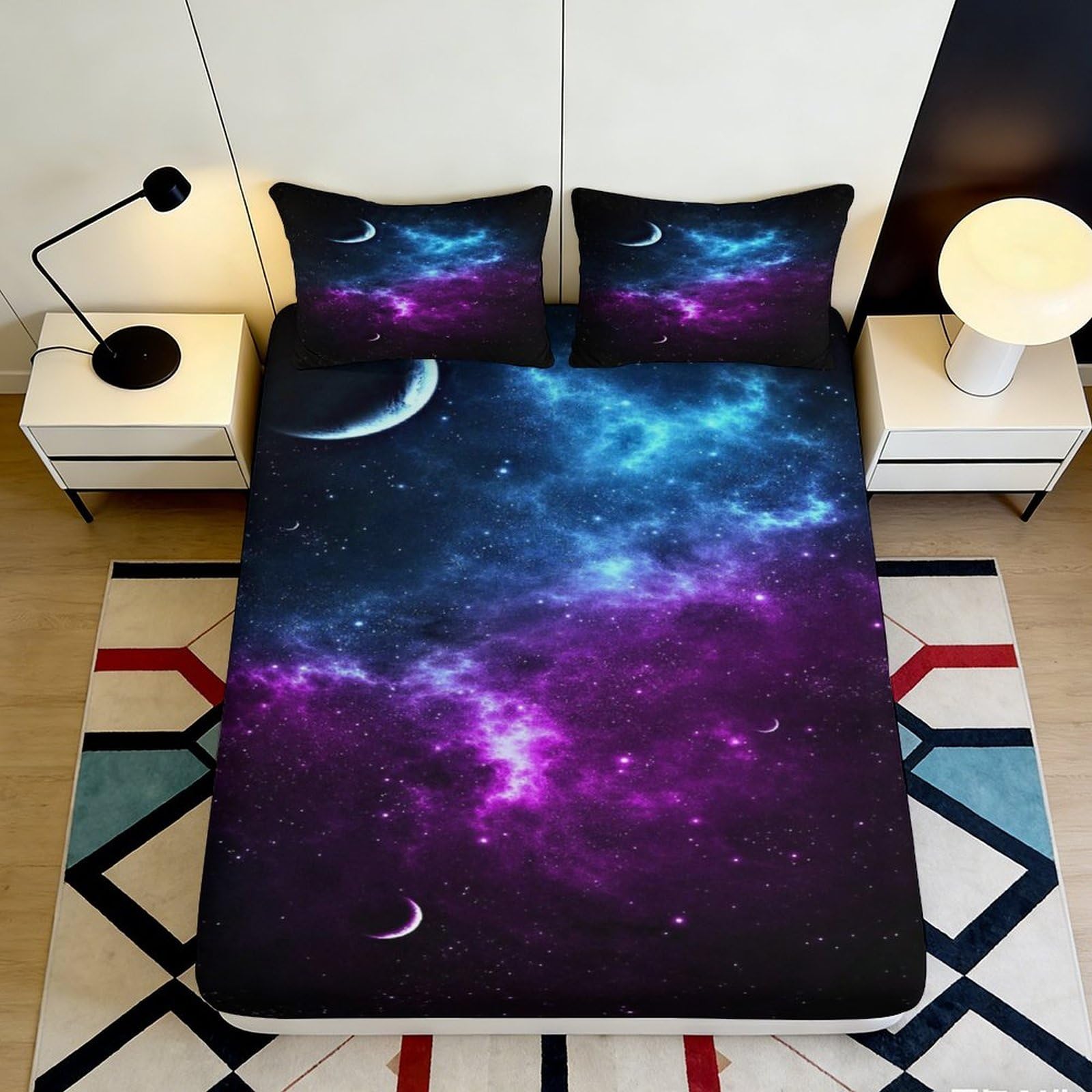 3D Printed Galaxy Starry Sky Fitted Sheet Microfiber Deep Pocket Cosmic Nebula Mattress Cover Bedroom Decor 200x200x25cm