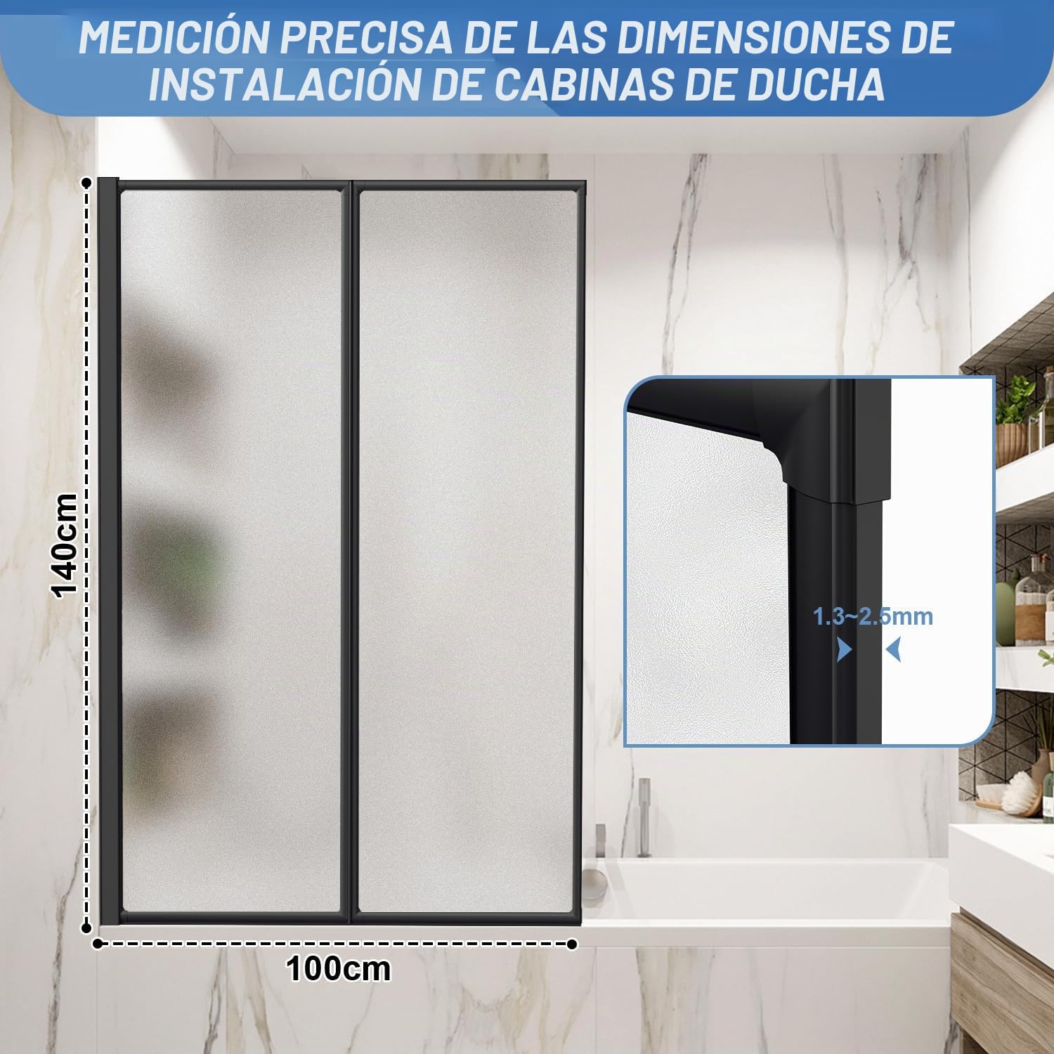 Mampara de ducha de plástico para bañera, antiastillas, 100 x 140 cm, 2 piezas, plegable, marco de aluminio negro, izquierda/derecha, con aspecto mate
