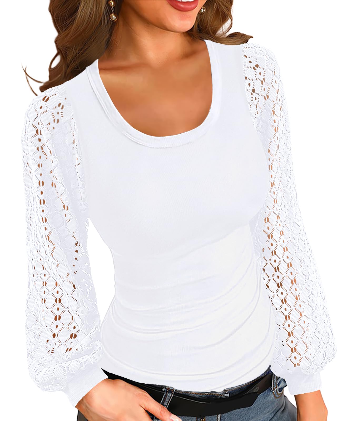 ZOYEESHINE Tops Dressy for Womens Lace Long Sleeve Shirts Crew Neck Fall T-Shirt Clothes Business Casual Tee Blouses