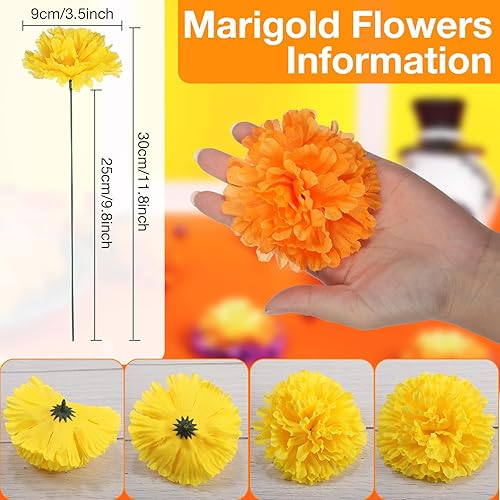 Miniatura 2 de Paquete de 100 flores artificiales de caléndula con tallos mexicanos, flores falsas mexicanas, guirnaldas de caléndula para decoración tradicional