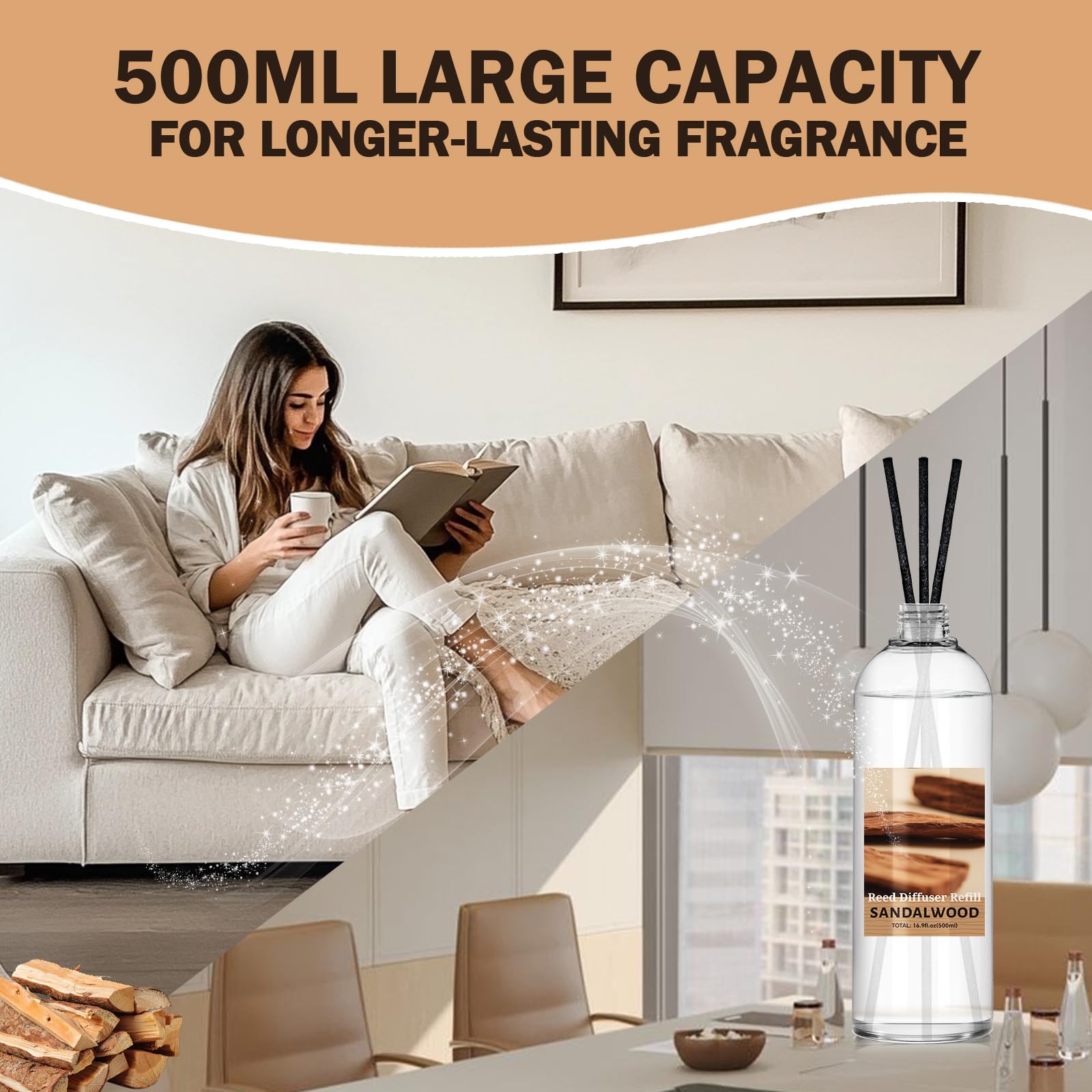 SCENTORINI Difusor De Fragancia para Habitación Sándalo 500ML Recambio De Aceite Esencia, Ambientadores De Hogar Fragancia Duradera para El Hogar, Baño y Decoración De Habitación