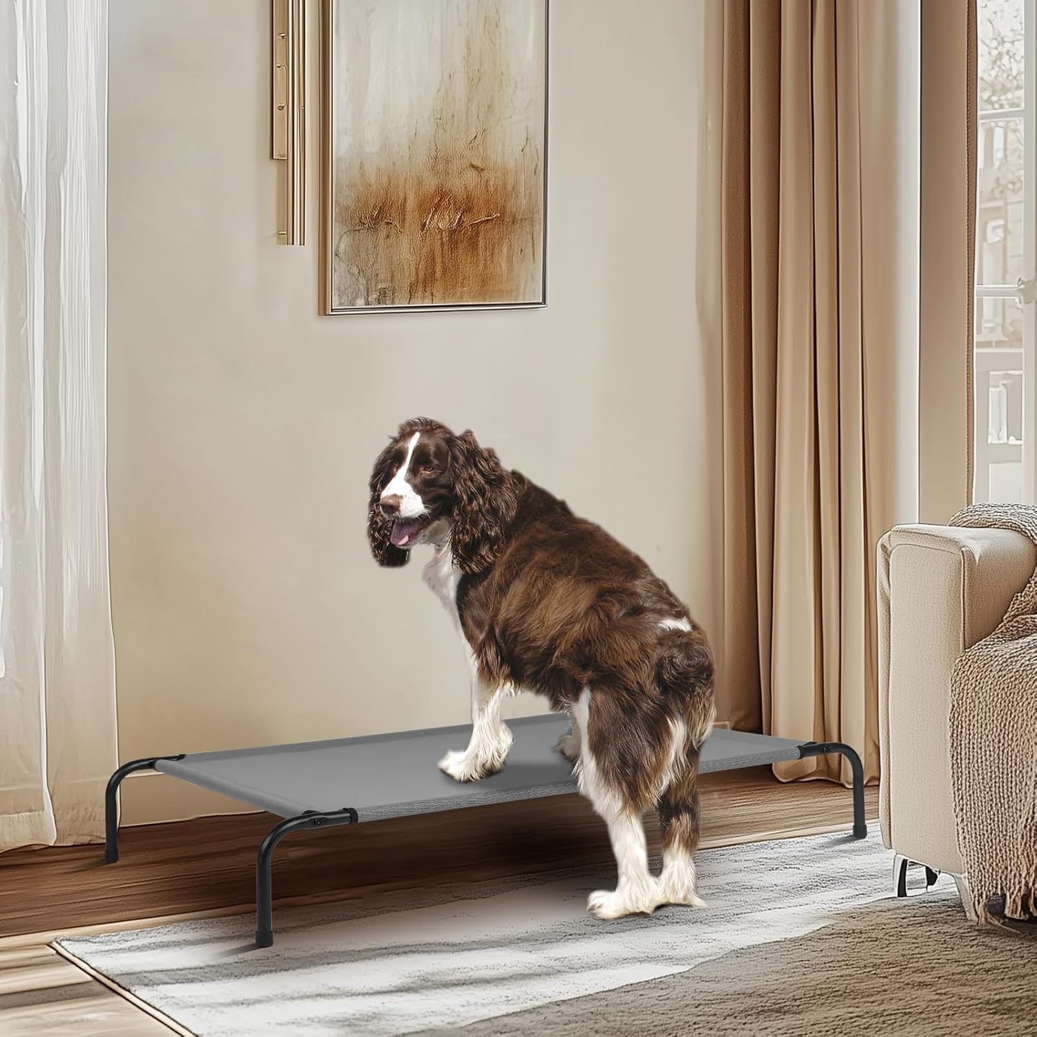 Elevated Dog Bed Cot,Portable Indoor & Outdoor Pet Hammock with Metal Frame & Breathable Mesh,No-Slip Feet,Cooling Raised Pet Bed for Large Dogs, (Light Grey, Medium)