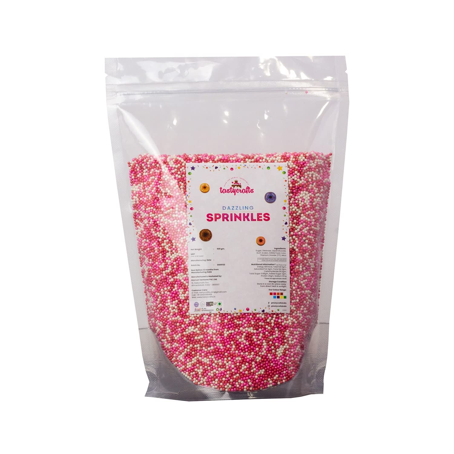 Tastycrafts Metallic Sprinkles - Dazzling Ball, 1.5 mm | Edible Bakestable Colour Balls | Sprinkle for Cake, Cupcake Decoration | Coloured Sugar Confectionery - 500 GM (Pink, Red, & White)