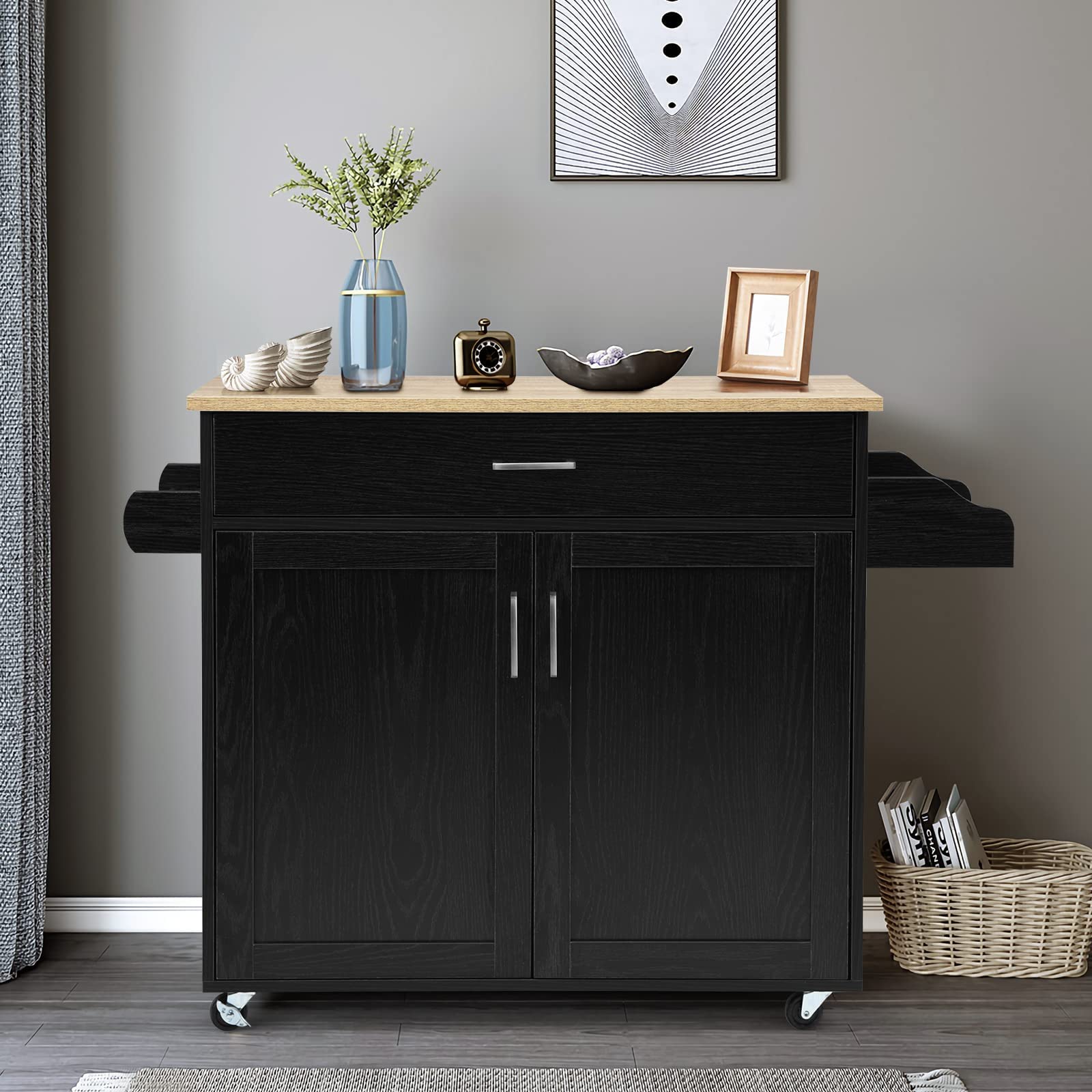 GOPLUS Desserte à roulettes avec Plan de Travail en Bois, 116x40x85CM, Desserte Cuisine avec Armoire à Étagère 2 Niveaux Réglables et Tiroir, Chariot de Service avec Porte-Serviettes Latéral, Cuisine