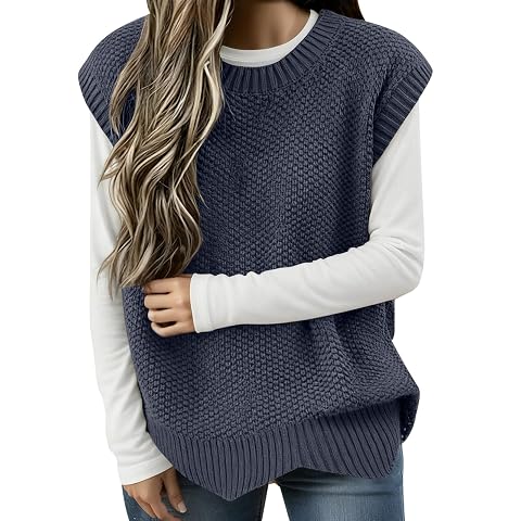 Sweater Vest Women Fall V Neck Sweater Casual Round Neck Loose Fit Sleeveless Irregular Hem Ribbed Knit Tank