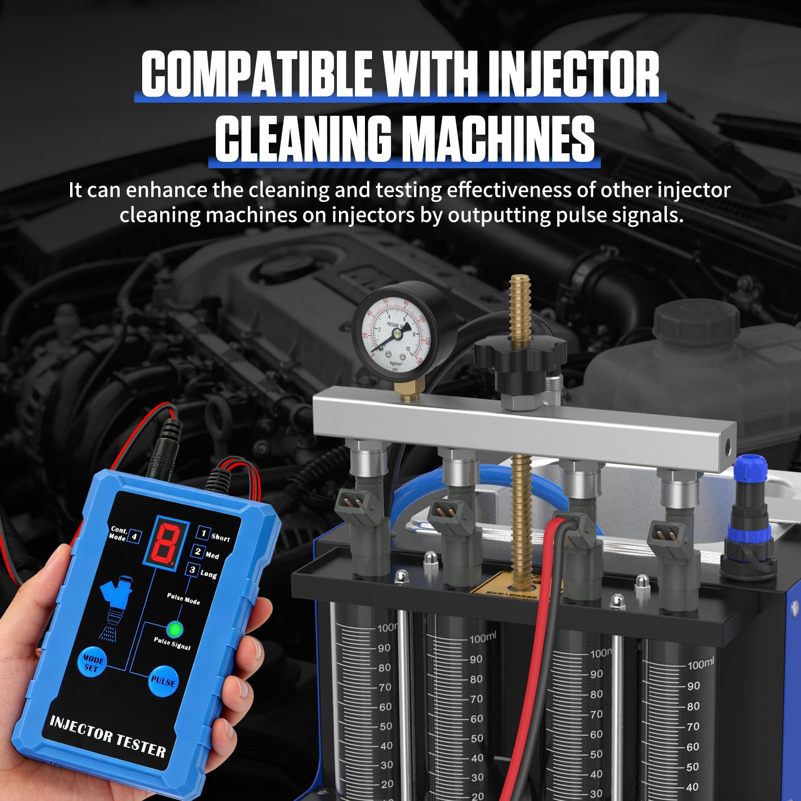 MRCARTOOL Testeur d'injecteur de Carburant pour Automobile 12V avec 4 Adaptateur de Nettoyage et 8 Modes d'impulsion pour Injecteurs de Carburant EFI GDI, Test Synchrone de 2 Injecteurs