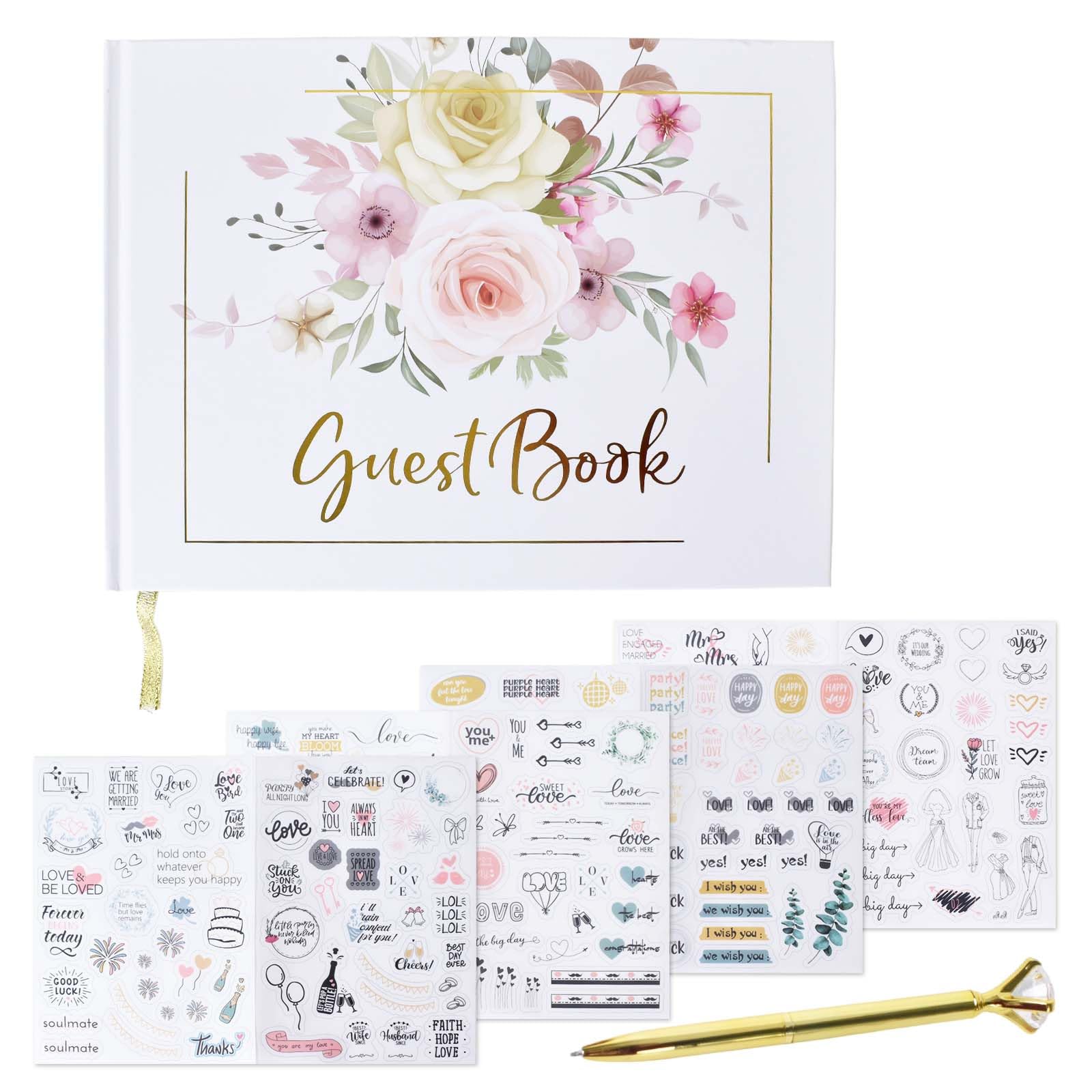 Libro de Firmas Boda, Libro de Invitados Boda con Portada Rígida con Pluma y 4 Pegatinas, para Celebraciones Elegantes y Álbum de Fotos DIY