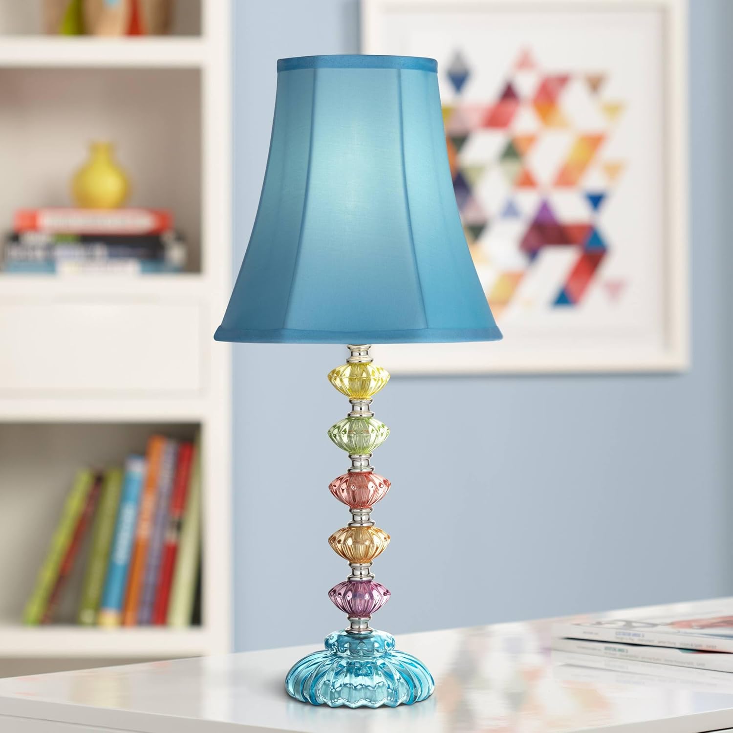 360 Lighting Iris Traditional Bohemian Style Accent 3-Way Table Lamp with Table Top Dimmer 21" High Multi Color Stacked Glass Teal Blue Bell Shade for Kids Room Bedroom Bedside House