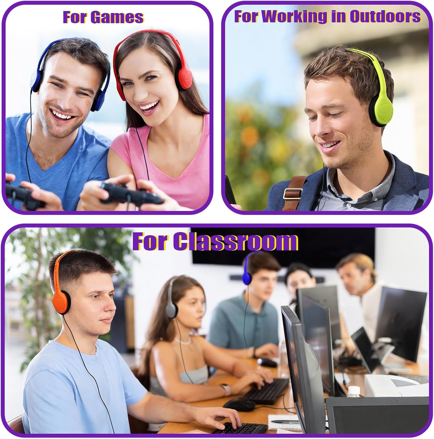 Yunsailing 30 Pack Over Ear Wired Headphones Bulk for School Classroom Student, Adjustable Headband with 3.5mm Jack, Lightweight Design Earphones for Classroom Learning and Testing (Multicolor)