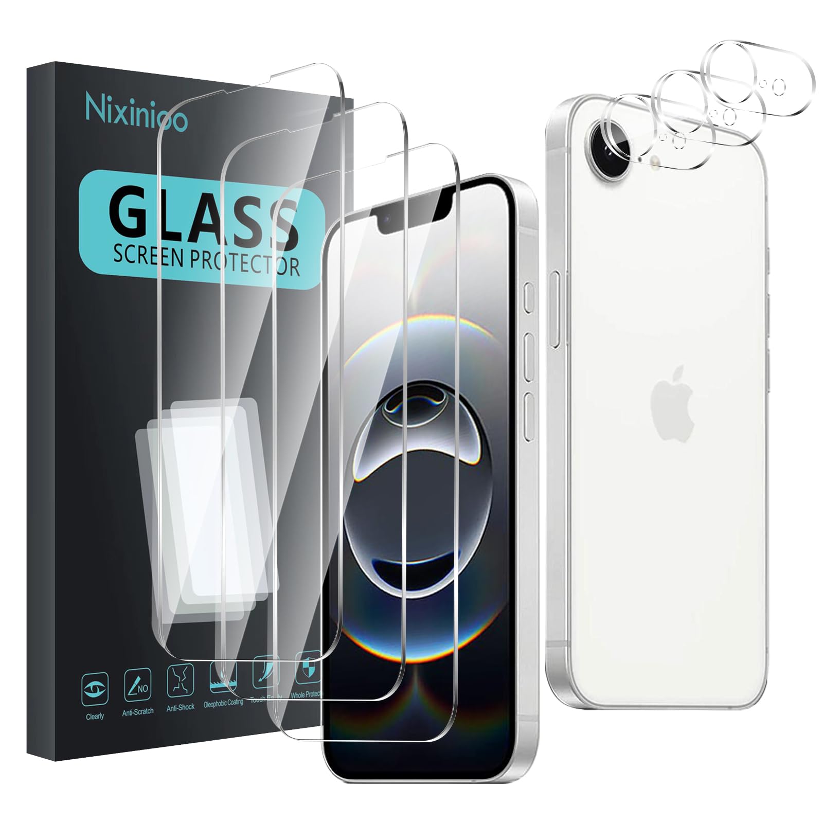 3-pak ochraniaczy ekranu ze szkła hartowanego do iPhone'a 16e 2025 [6,1 cala] + 3 szt. ochraniaczy obiektywu aparatu, ochrona obiektywu aparatu, ochrona przed odciskami palców, twardość 9H