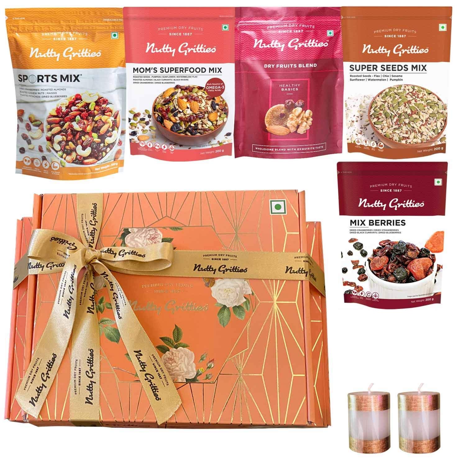Nutty Gritties Hamper Premium Dry Fruits Gift Box - 1.15Kg | Candle Pack of 2 | Sorts Mix | Mix Berries | Super Seeds mix | Mom Superfood Mix | Antioxidant Trail Mix | Healthy Gourmet Snacks I Gift for Family | Friend | Corporate