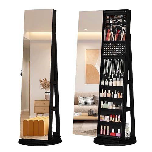 LVSOMT 360° Swivel Jewelry Mirror Cabinet, Standing Jewelry Armoire Organizer, 63" Rotatable Full Length Mirror with Lockable Jewelry Storage and Back Storage Shelve (Black) - Black