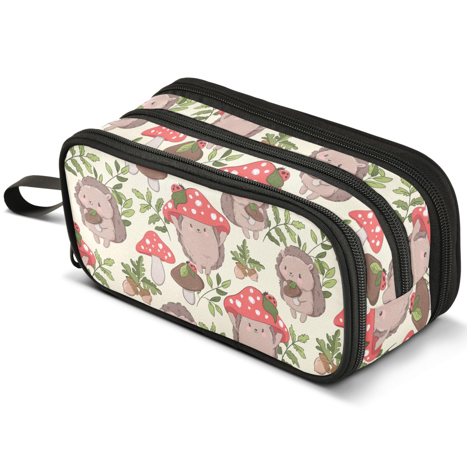 Mnsruu Hand Drawn Cute Hedgehog Mushrooms Cute Pencil Case Large Capacity Pen Pouch Pencil Bag with 3 Compartments Pen Holder Organizer Stationery Bag — image 1