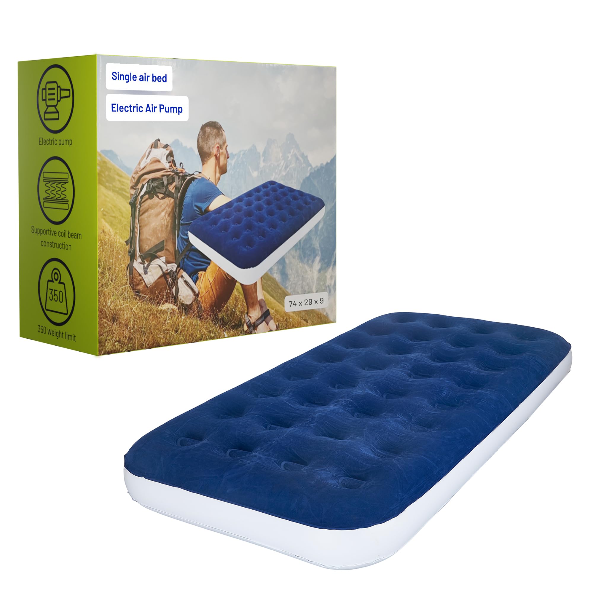 treaton, 9-inch durable luxury inflatable air mattress with comfort coil technology and high capacity pump, good for camping, home and portable travel, 74" x 29", blue