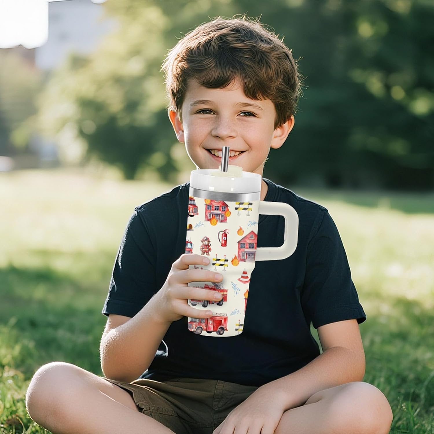 Hiboss Fire Truck Tumbler with Handle Straw for Kids 14oz, Insulated Stainless Steel Firefighter Cup for Boys, Birthday Gifts for Future Fireman Little Boys Girls - Image 8
