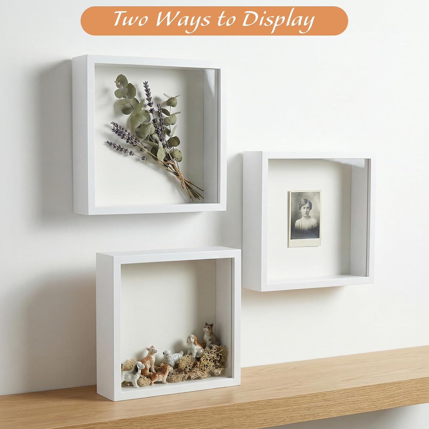 10"x10" Shadow Boxes Display Cases with Soft Linen Back Deep Wood Glass 3D Shadow Box Set for Wall and Tabletop Baby Sports, 2 Pack White