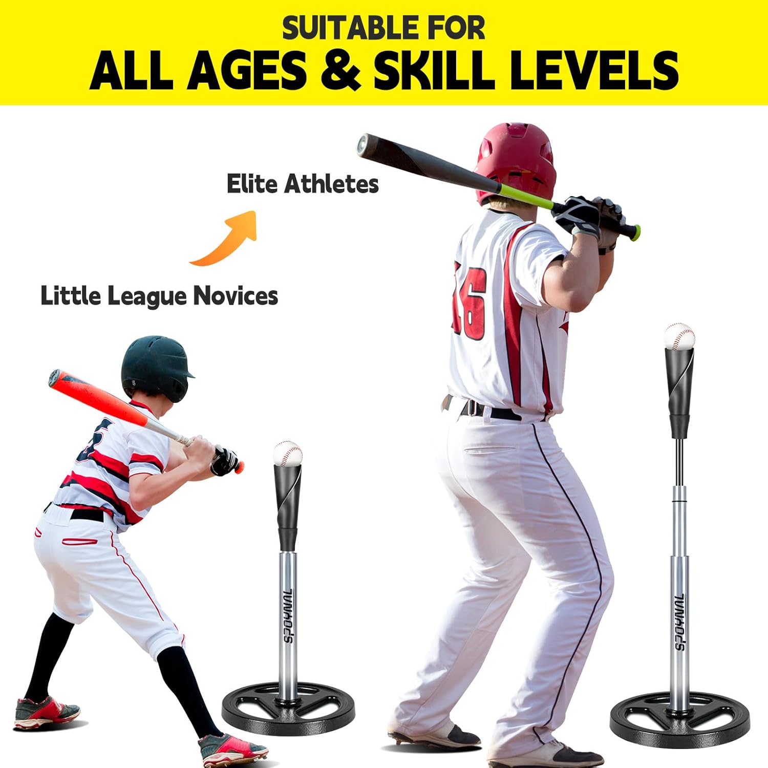 SPOYNAL Portable Batting Tee for Baseball/Softball - Adjustable Height 24" to 46", 25" to 37", Baseball Practice Training Hand-Rolled Flexible Rubber Top & Heavy Duty Base for T-Ball, Youth & Adults