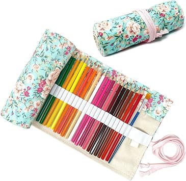 allydrew Pencil Roll Organizer, Colored Pencil Wrap Pouch 72 slots, Pink Rose on Teal