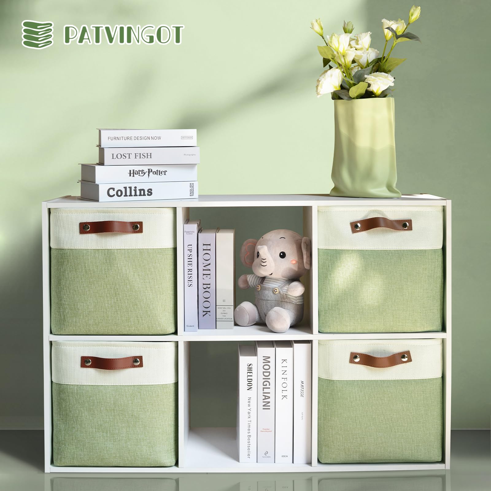 Patvingot Faltbare Stoff-Aufbewahrungswürfel, 27,9 x 27,9 cm, stabile Würfel-Organizer mit Ledergriffen, Aufbewahrungskörbe für Schrankregale und Heimorganisation (weiß/grün), 4 Stück