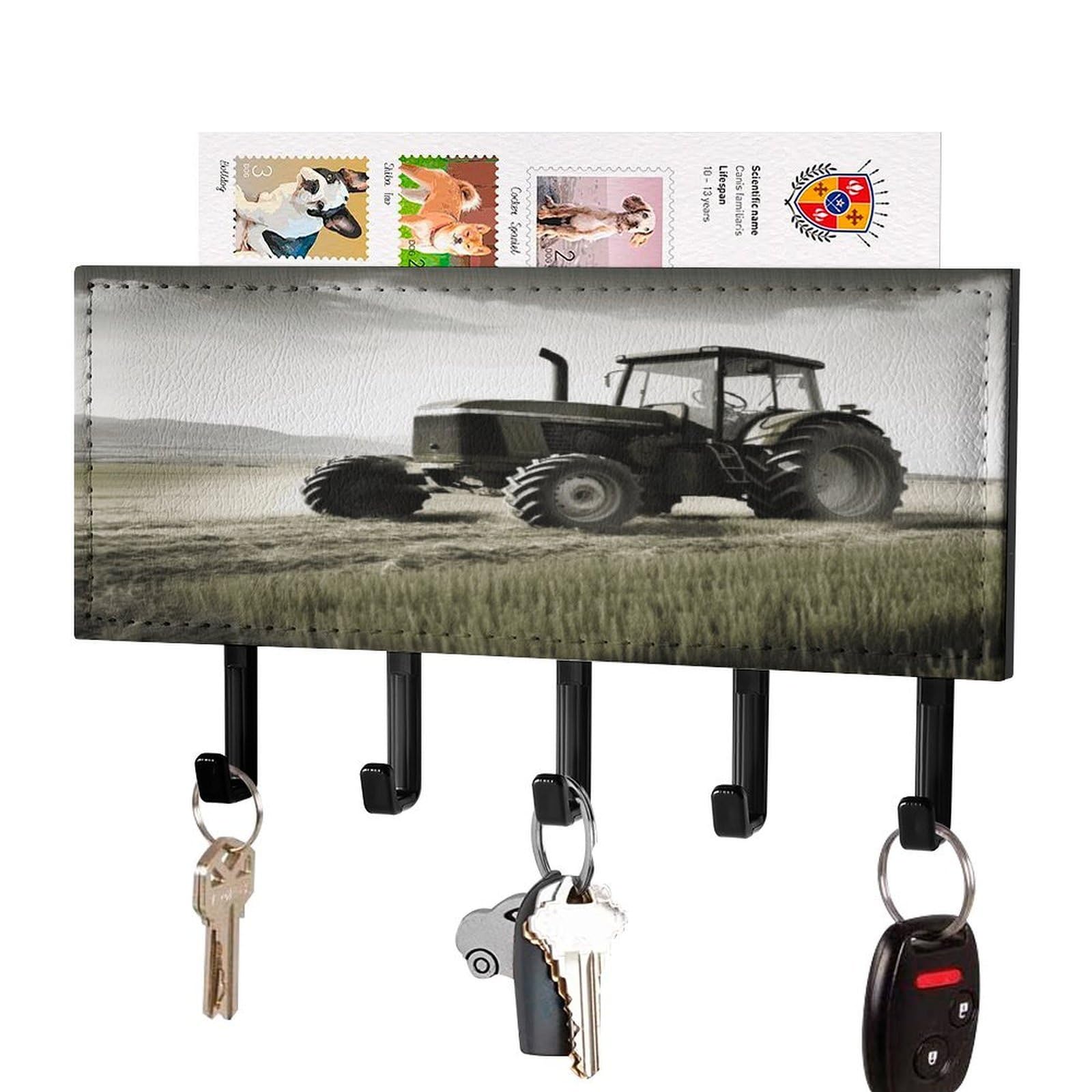 JTREHY Tractor Agriculture Tranquil Key Holder Wall Mount Decorative Key and Mail Holder PU Leather Adhesive Key Organizer Hanging Key Hooks Wall Shelf with 5 Hooks for Entryway Hallway Office
