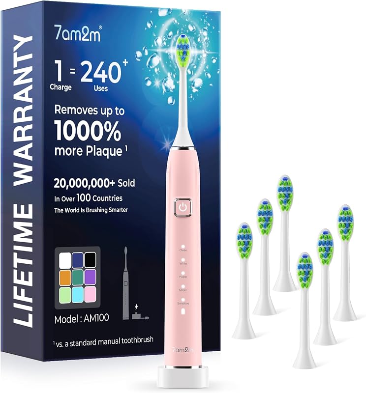 Sonic Electric Toothbrush with 6 Brush Heads for Adults&Kids, One Charge for 120 Days, Wireless Fast Charge, 5 Modes, 40000VPM Powered Toothbrush, 2 Minutes Built in Smart Timer -Pink